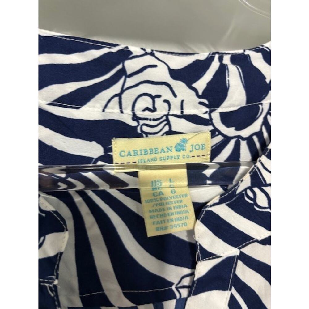 Caribbean Joe L Navy White Seashell Print Roll Tab Blouse Coastal Resort Beach - Picture 7 of 7